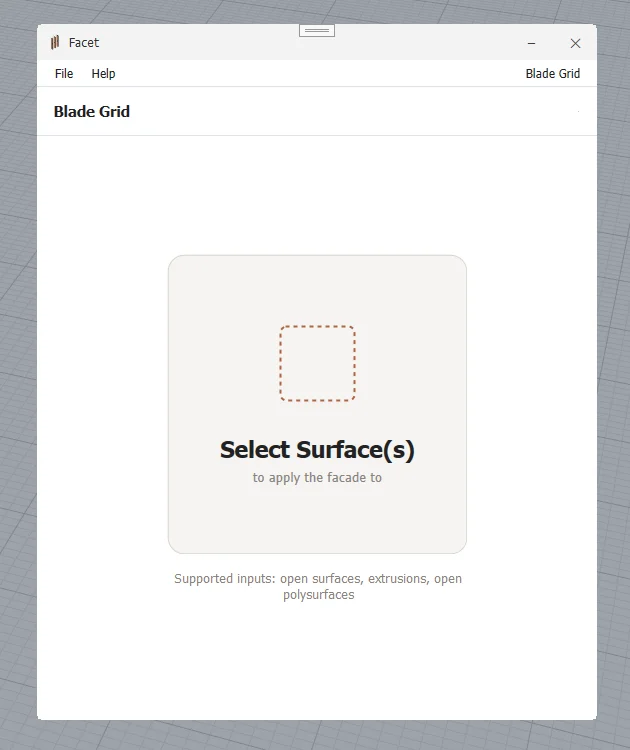Facet for Rhino - Select Surfaces Screen