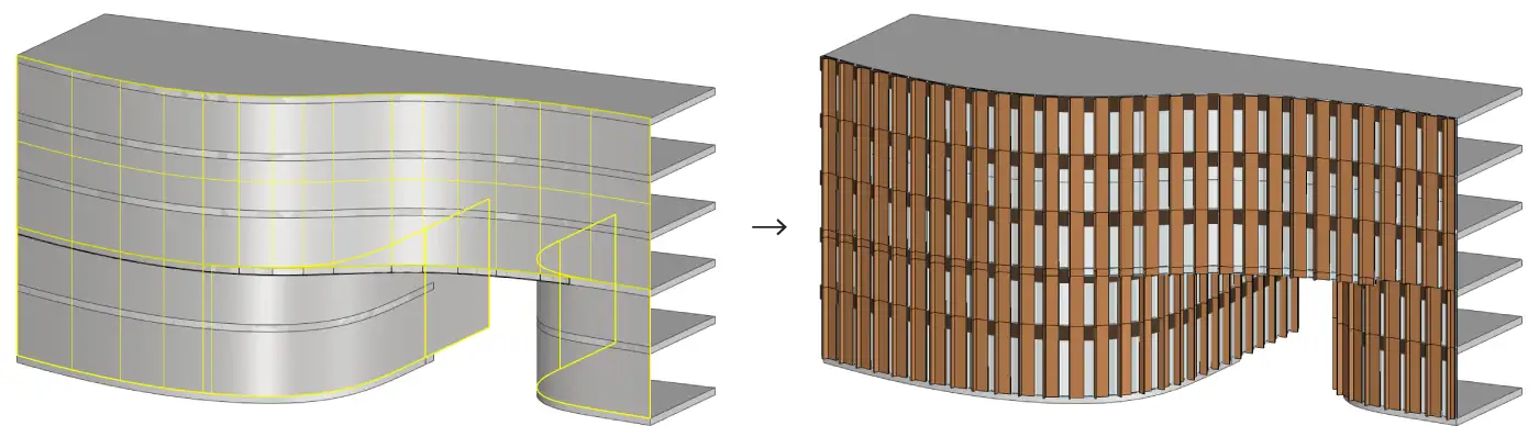 Curved surfaces and polysurfaces - automatically panelized with planar elements.