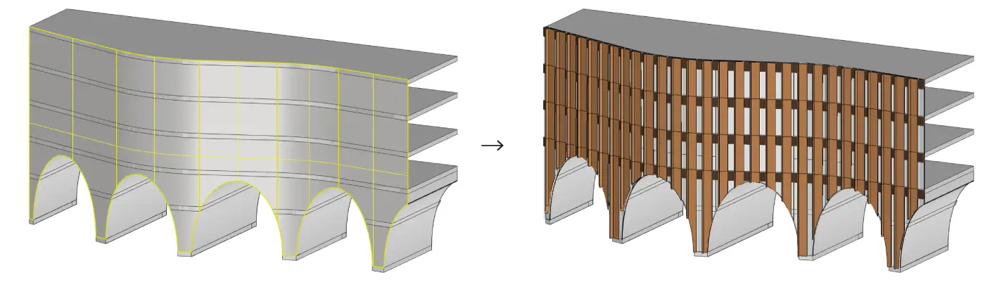 Curved polysurface with freeform-openings - handled without disrupting the main spacing.