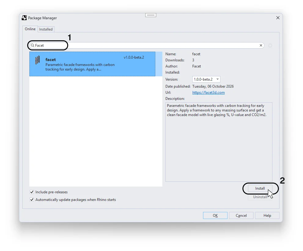 Installing Facet with the Package Manager in Rhino
